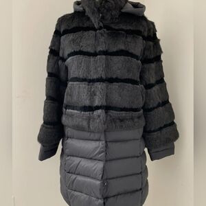 Dawn Levy Brown Rabbit Fur/ Quilted Puffer Combo Jacket